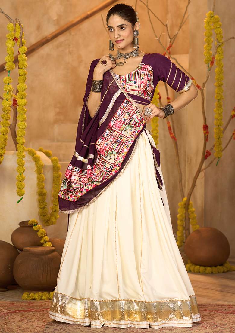 Off White Embroidererd Crepe Chaniya Choli Set For Navratri And Garba for Diwali | Wedding & Festive Wear - Indya