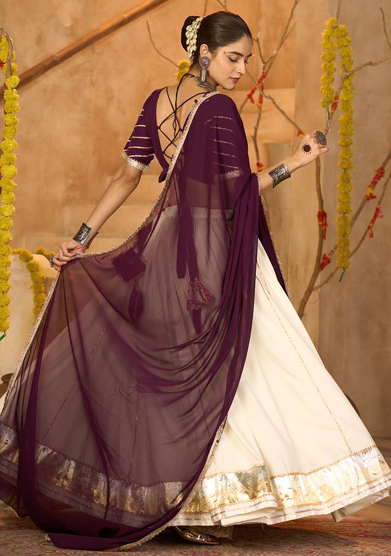 Off White Embroidererd Crepe Chaniya Choli Set For Navratri And Garba for Diwali | Wedding & Festive Wear - Indya