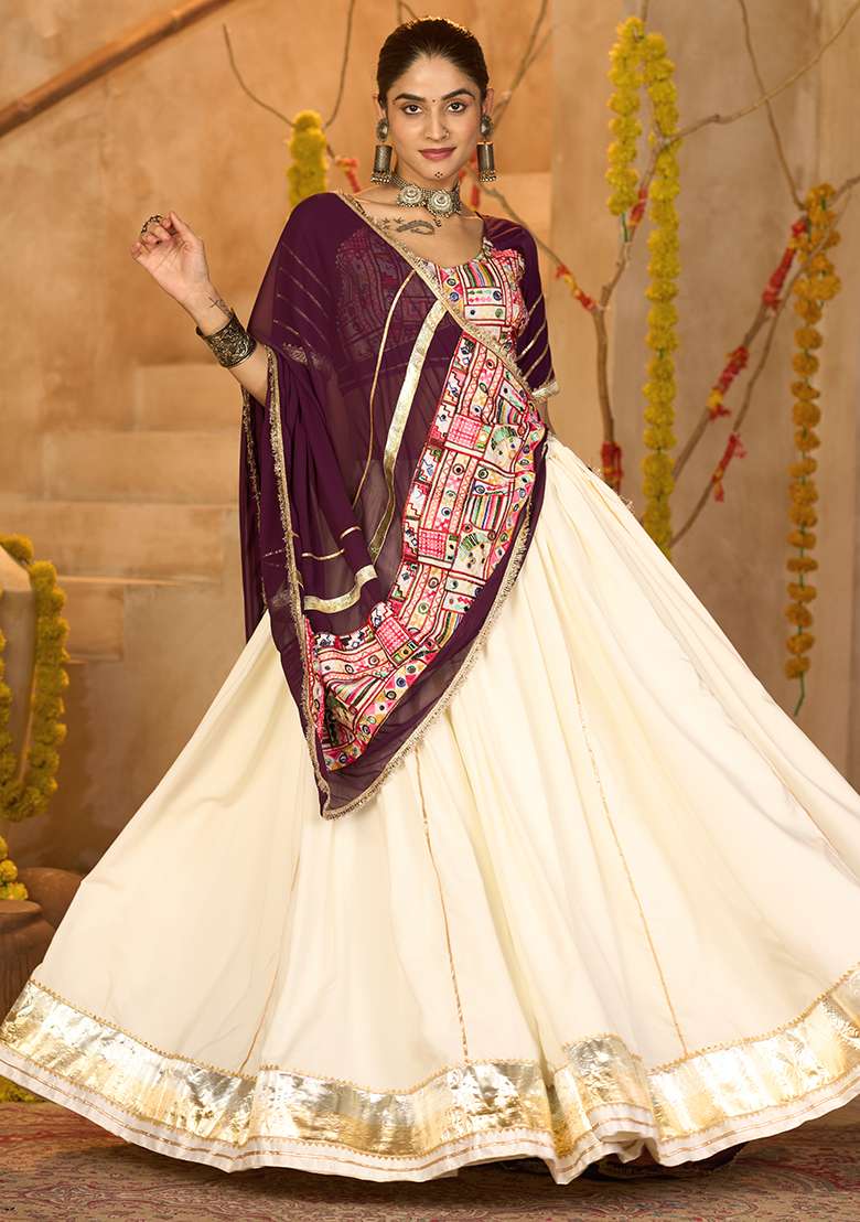 Off White Embroidererd Crepe Chaniya Choli Set For Navratri And Garba for Diwali | Wedding & Festive Wear - Indya