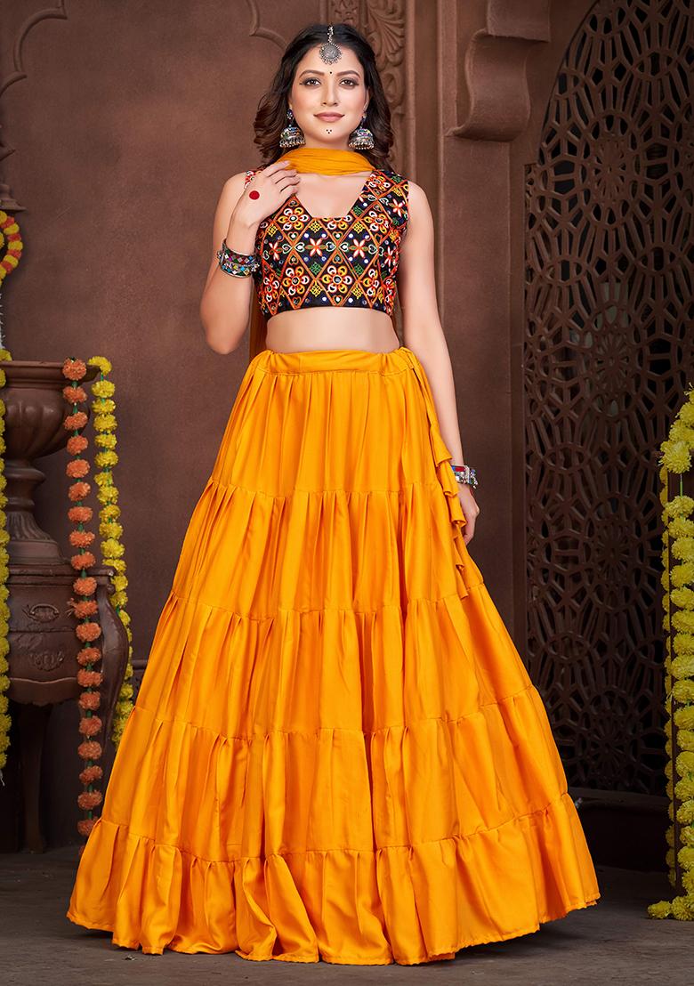 Mustard Yellow And Black Embroidererd French Crape Lehenga Set With Dupatta - Indya