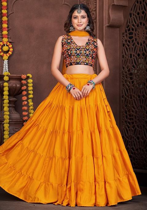 Mustard Yellow And Black Embroidererd French Crape Lehenga Set With Dupatta