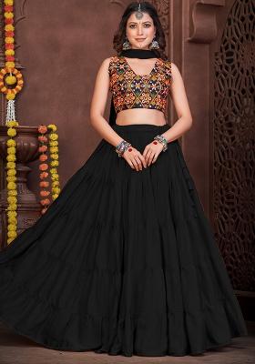 Black Embroidererd French Crape Lehenga Set With Dupatta