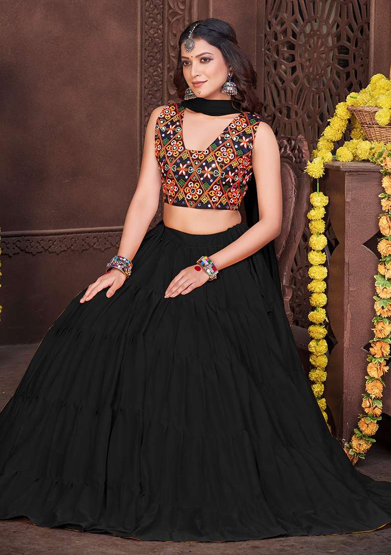 Black Embroidererd French Crape Chaniya Choli Set For Navratri And Garba for Diwali and Festive Wear - Indya