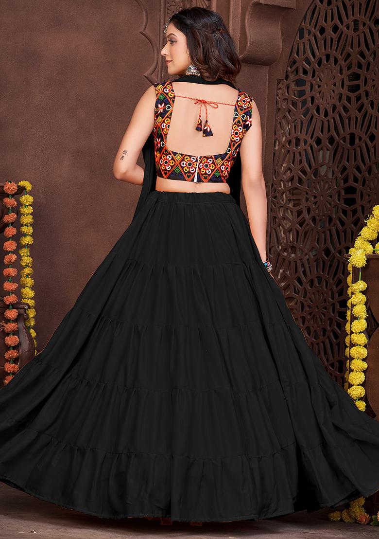 Black Embroidererd French Crape Lehenga Set With Dupatta - Indya