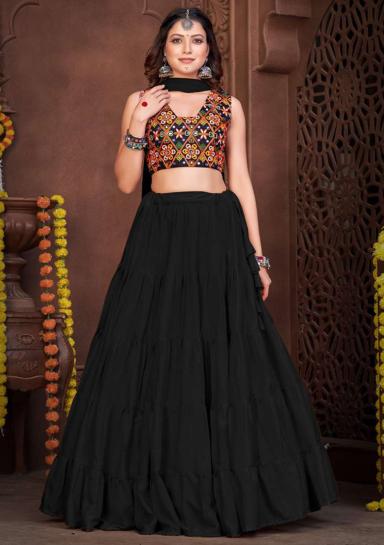 Black Embroidererd French Crape Chaniya Choli Set For Navratri And Garba for Diwali and Festive Wear - Indya