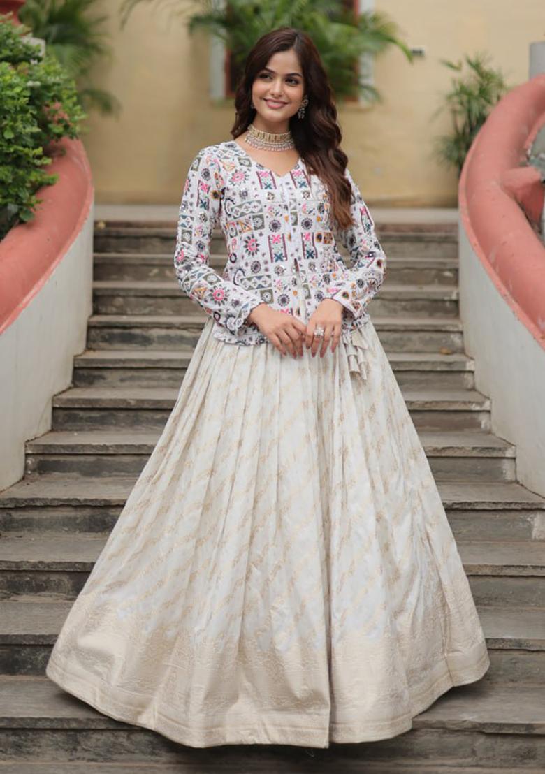 White Embroidered Jacquard Lehenga Set