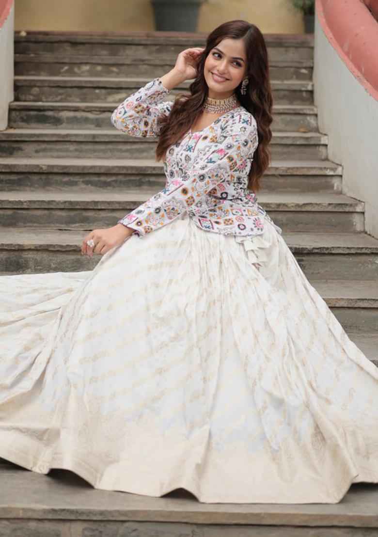 White Embroidered Jacquard Lehenga Set