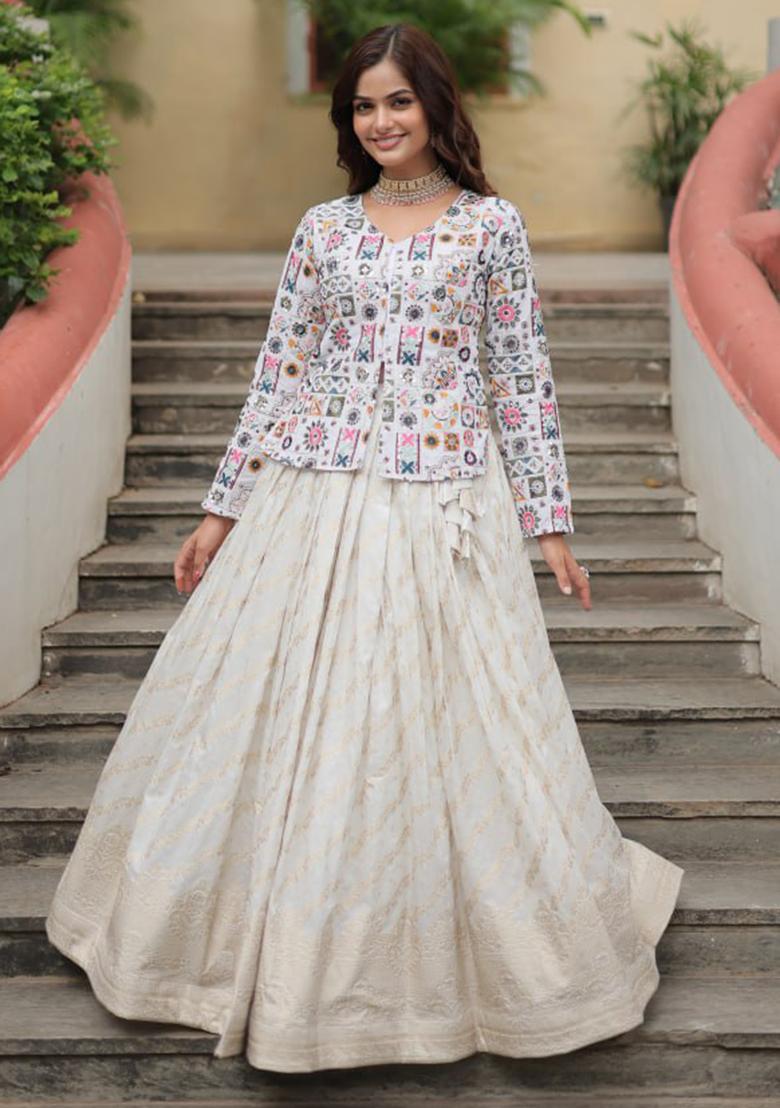 White Embroidered Jacquard Lehenga Set