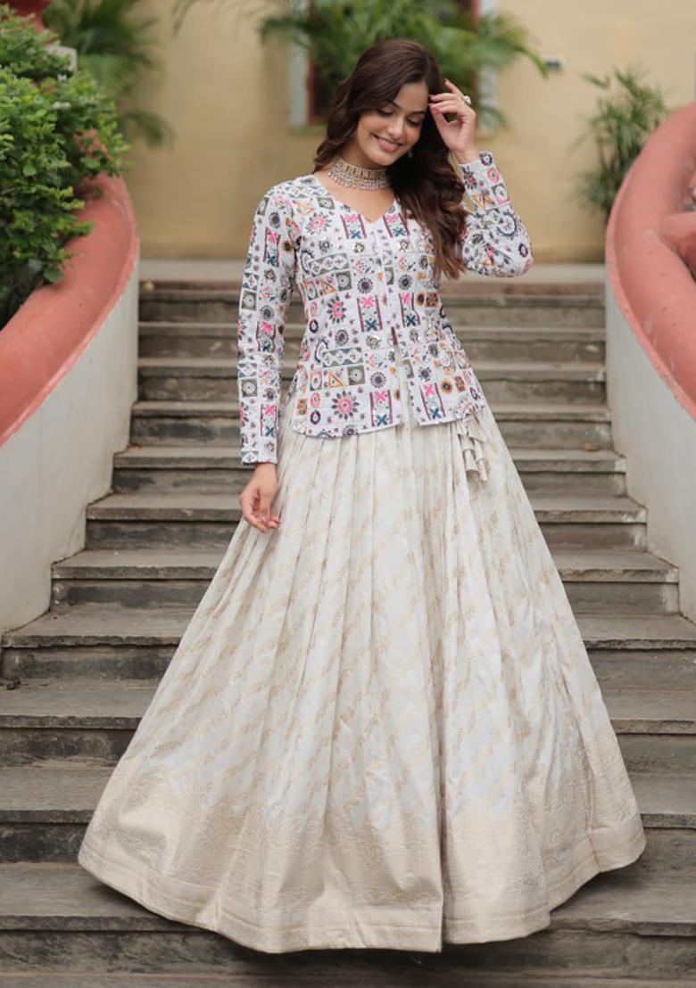 White Embroidered Jacquard Lehenga Set