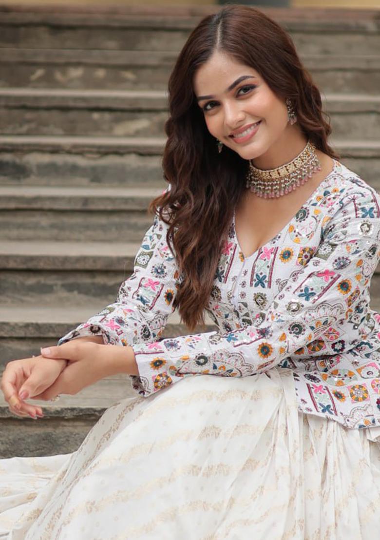 White Embroidered Jacquard Lehenga Set