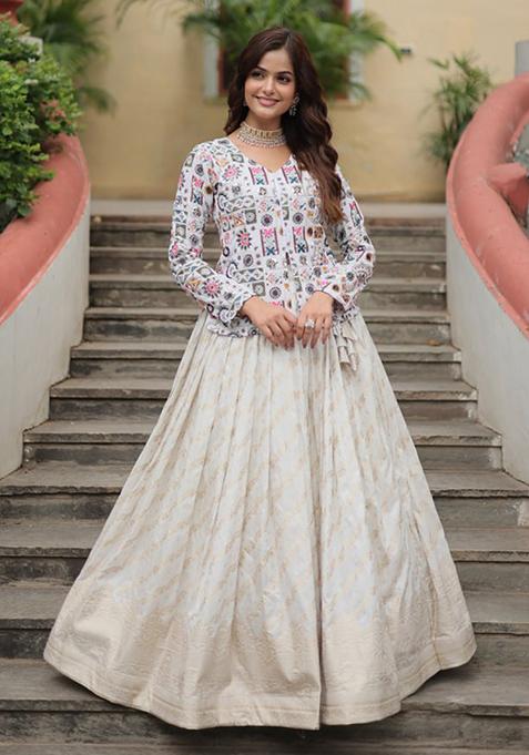 White Embroidered Jacquard Lehenga Set