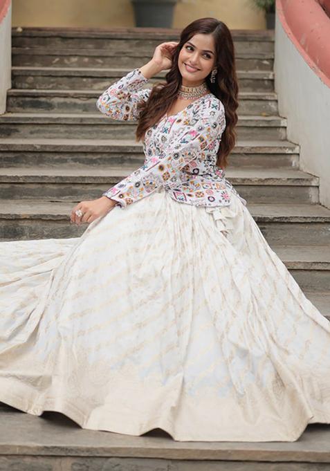 White Embroidered Jacquard Lehenga Set