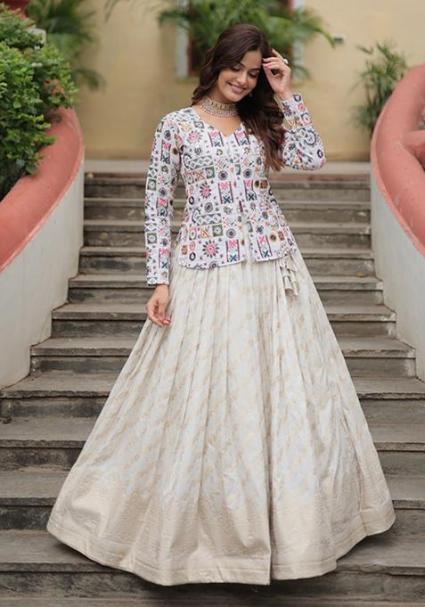 White Embroidered Jacquard Lehenga Set