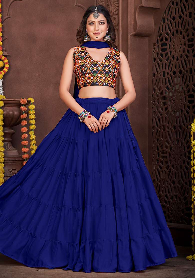 Blue Embroidererd French Crape Chaniya Choli Set For Navratri And Garba for Diwali | Wedding & Festive Wear - Indya