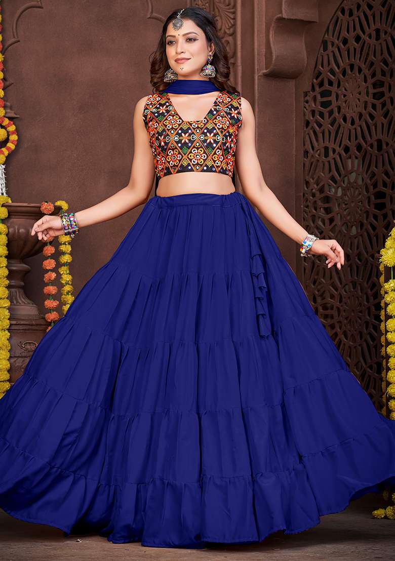 Blue Embroidererd French Crape Chaniya Choli Set For Navratri And Garba for Diwali | Wedding & Festive Wear - Indya