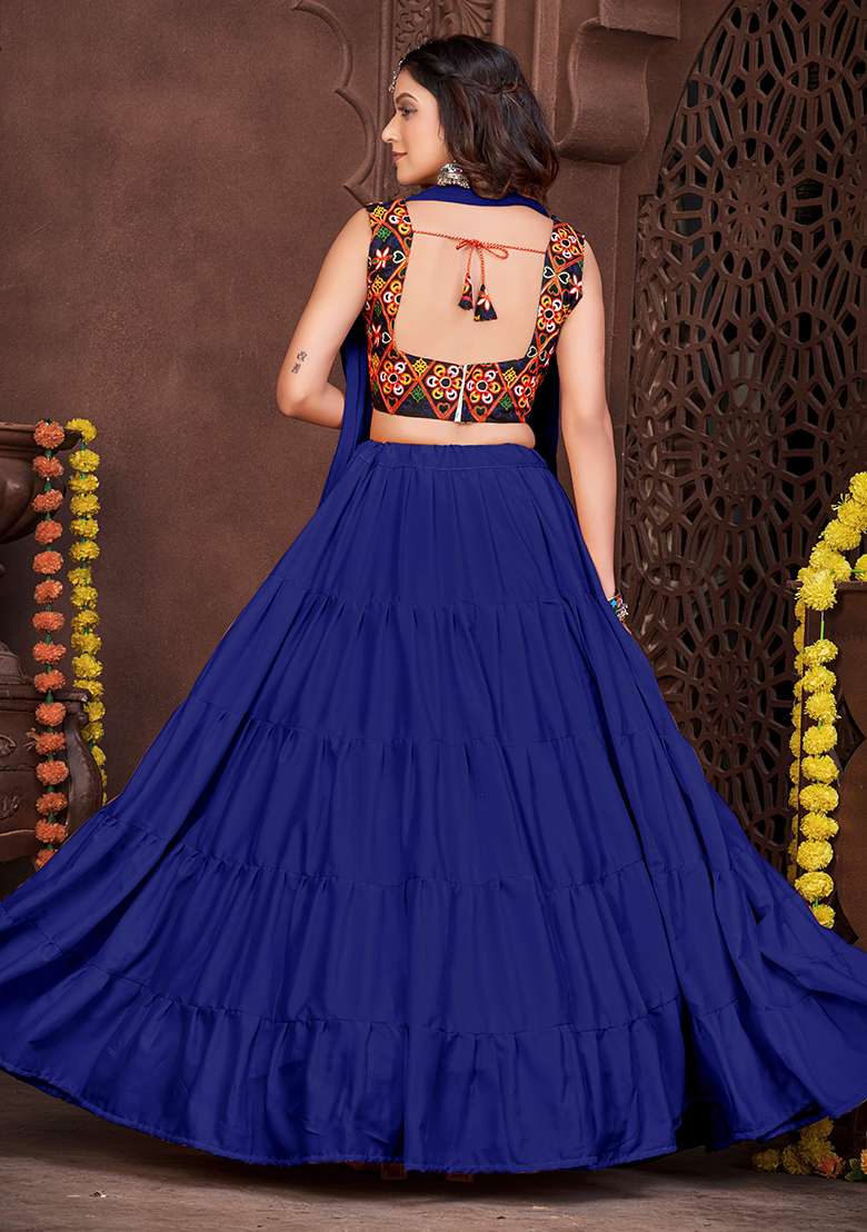 Blue Embroidererd French Crape Chaniya Choli Set For Navratri And Garba for Diwali | Wedding & Festive Wear - Indya