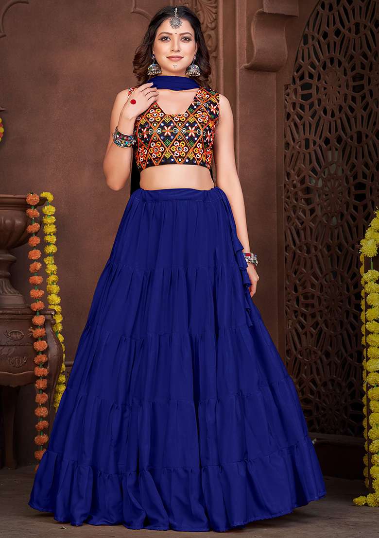Blue Embroidererd French Crape Chaniya Choli Set For Navratri And Garba for Diwali | Wedding & Festive Wear - Indya