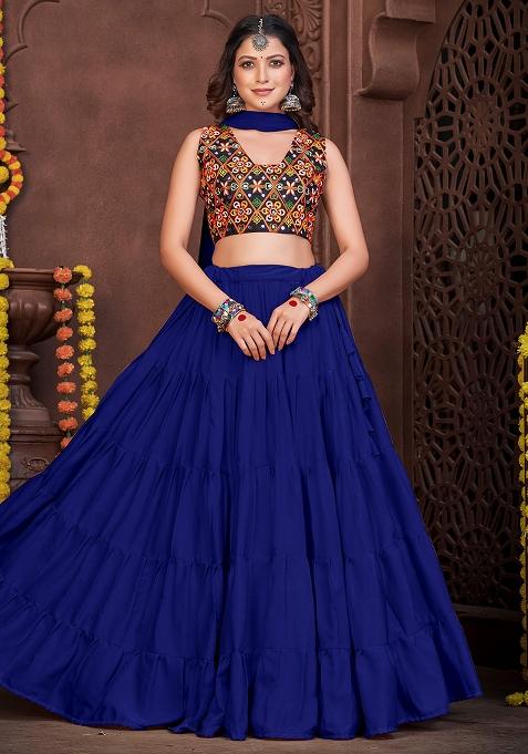 Blue Embroidererd French Crape Lehenga Set With Dupatta