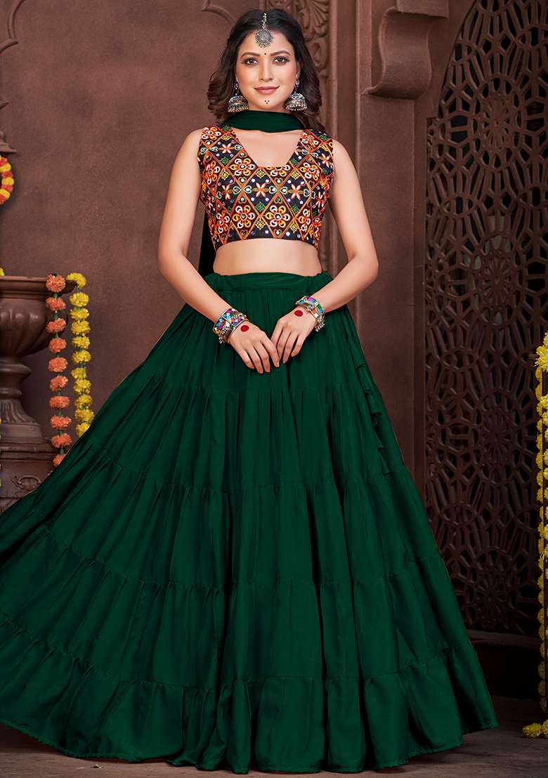 Green Embroidererd French Crape Chaniya Choli Set For Navratri And Garba for Diwali and Festive Wear - Indya