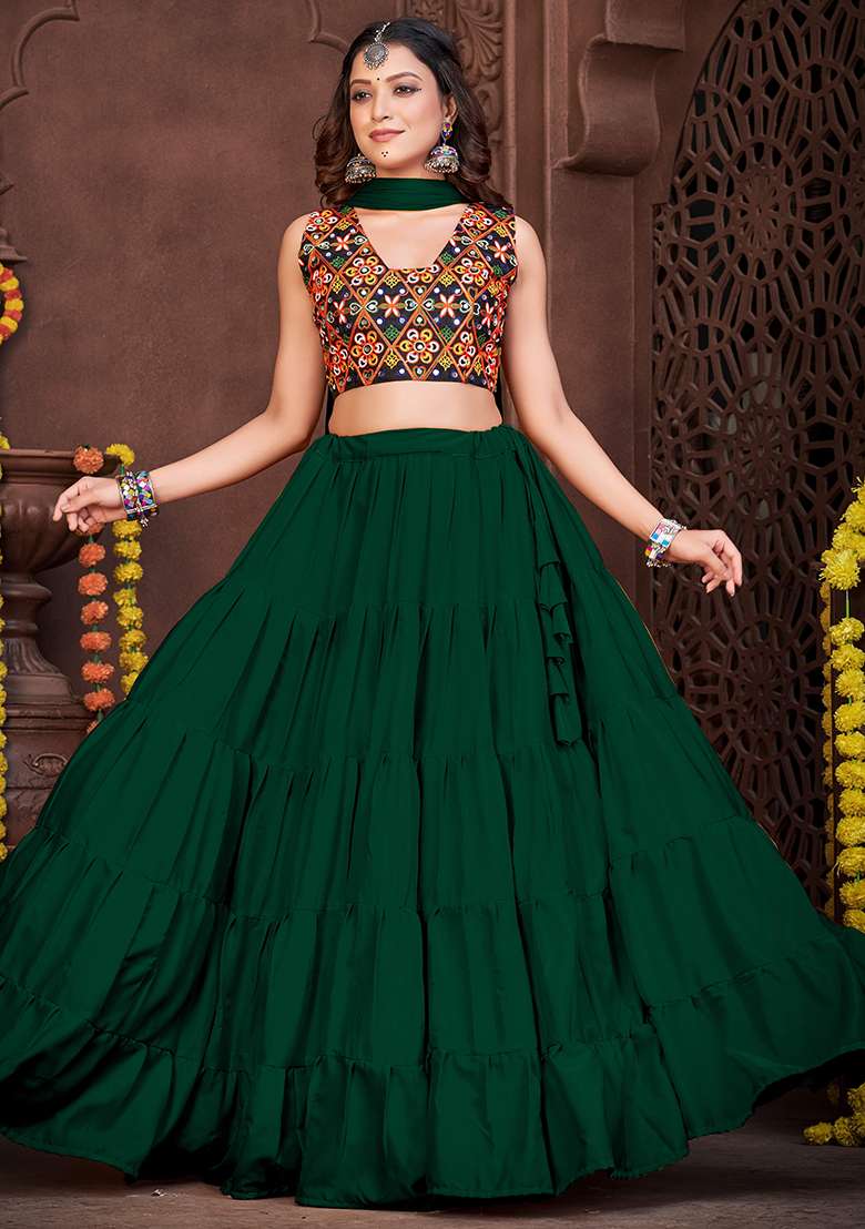 Green Embroidererd French Crape Chaniya Choli Set For Navratri And Garba for Diwali and Festive Wear - Indya