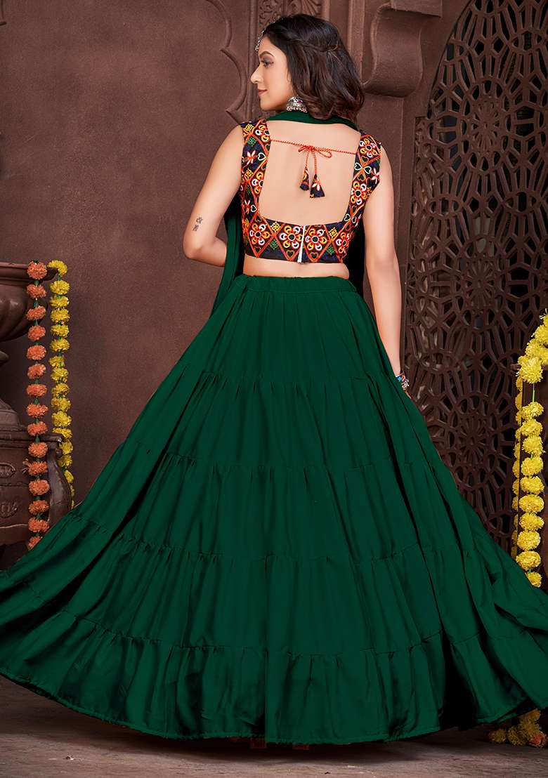 Green Embroidererd French Crape Chaniya Choli Set For Navratri And Garba for Diwali and Festive Wear - Indya
