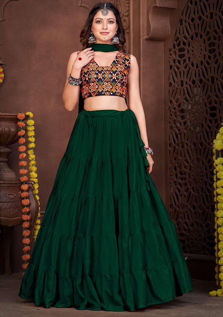 Green Embroidererd French Crape Chaniya Choli Set For Navratri And Garba for Diwali and Festive Wear - Indya