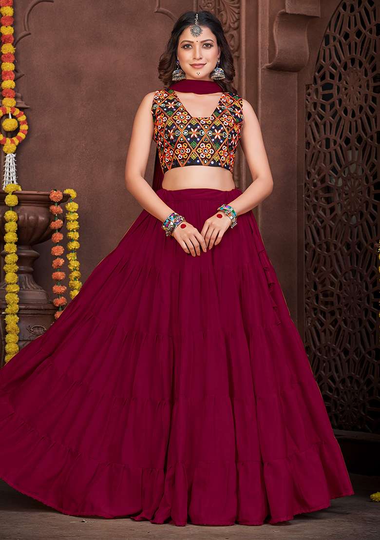 Maroon Embroidererd French Crape Chaniya Choli Set For Navratri And Garba for Diwali and Festive Wear - Indya