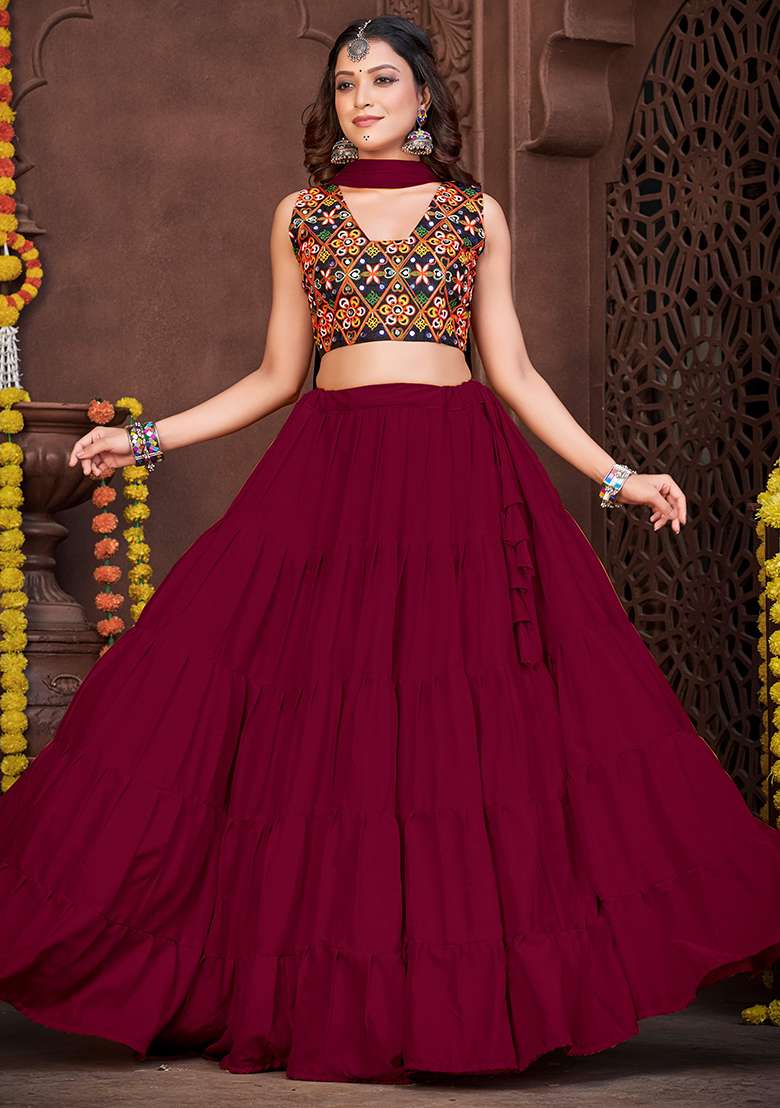 Maroon Embroidererd French Crape Chaniya Choli Set For Navratri And Garba for Diwali and Festive Wear - Indya