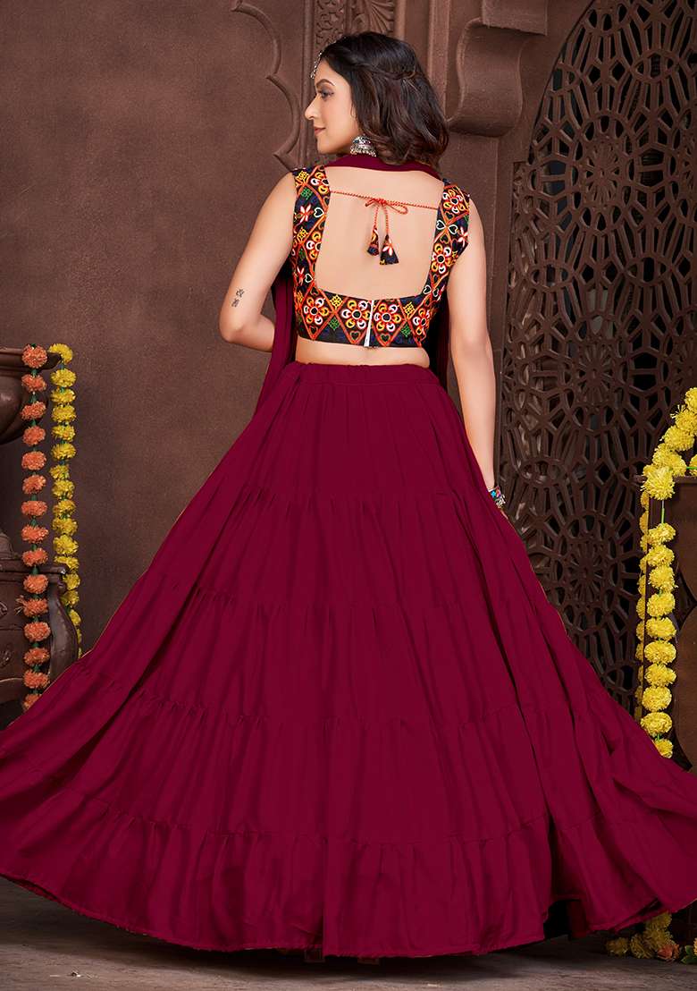 Maroon Embroidererd French Crape Chaniya Choli Set For Navratri And Garba for Diwali and Festive Wear - Indya