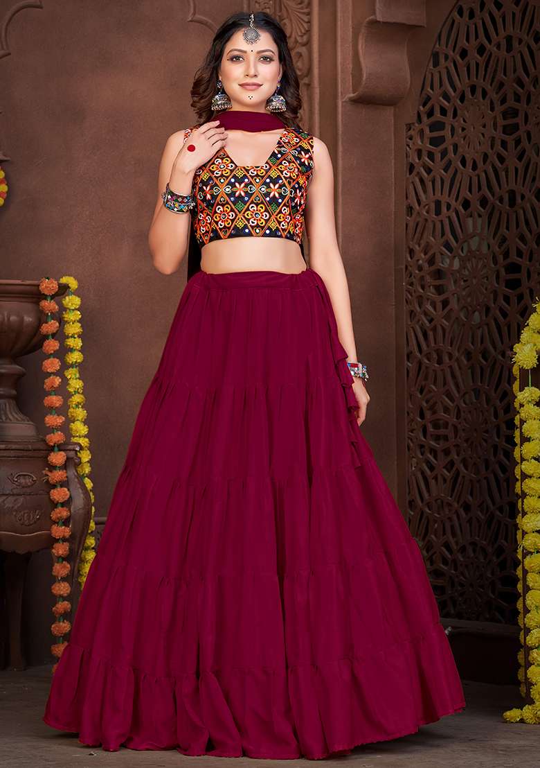 Maroon Embroidererd French Crape Chaniya Choli Set For Navratri And Garba for Diwali and Festive Wear - Indya
