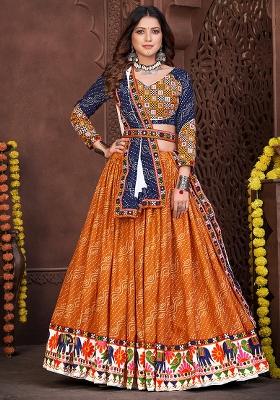 Blue And Mustard Yellow Embroidererd Cotton Silk Lehenga Set With Dupatta