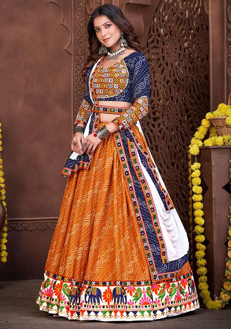 Blue And Mustard Yellow Embroidererd Cotton Silk Blend Lehenga Set With Dupatta - Indya