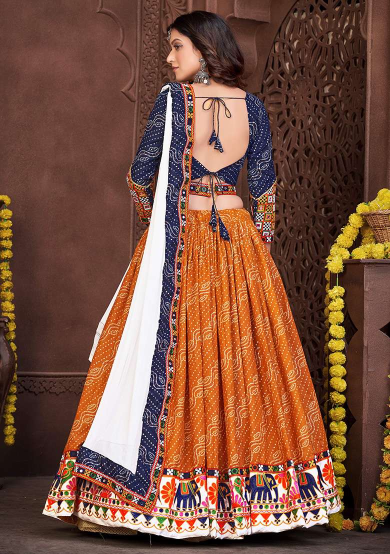 Blue And Mustard Yellow Embroidererd Cotton Silk Blend Lehenga Set With Dupatta - Indya