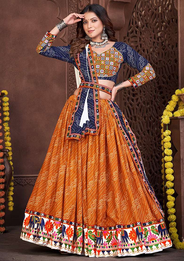 Blue And Mustard Yellow Embroidererd Cotton Silk Blend Lehenga Set With Dupatta - Indya