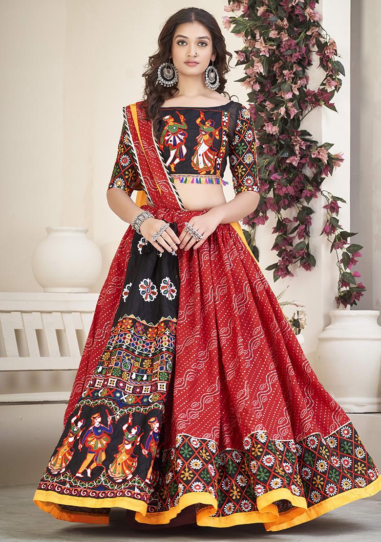 Red Embroidererd Cotton Silk Lehenga Set With Dupatta