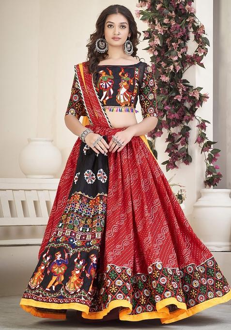 Red Embroidererd Cotton Silk Lehenga Set With Dupatta