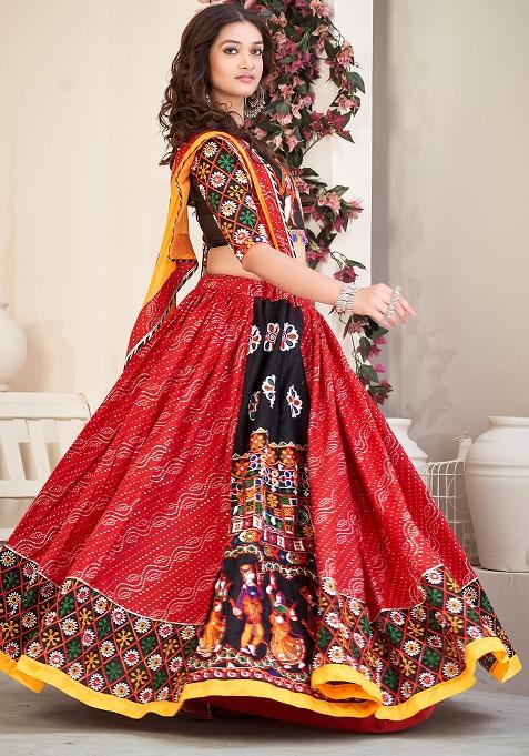 Red Embroidererd Cotton Silk Lehenga Set With Dupatta