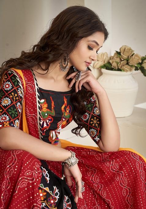 Red Embroidererd Cotton Silk Lehenga Set With Dupatta