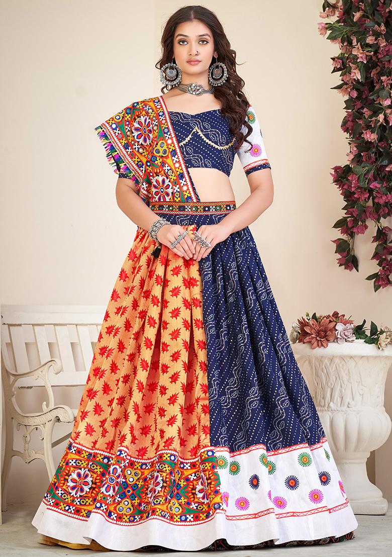 Blue Embroidererd Cotton Silk Lehenga Set With Dupatta - Indya