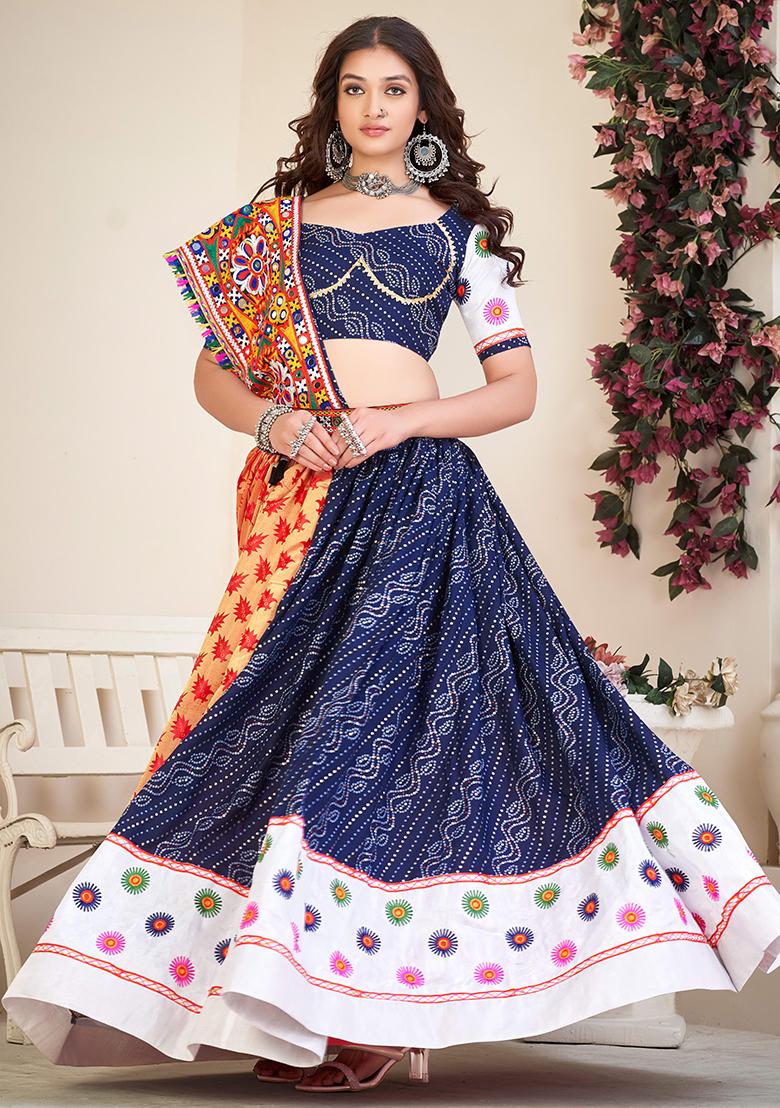 Blue Embroidererd Cotton Silk Lehenga Set With Dupatta