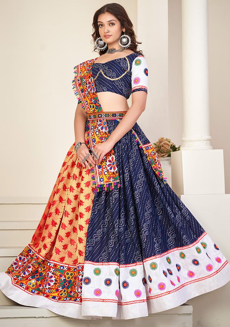Blue Embroidererd Cotton Silk Lehenga Set With Dupatta - Indya