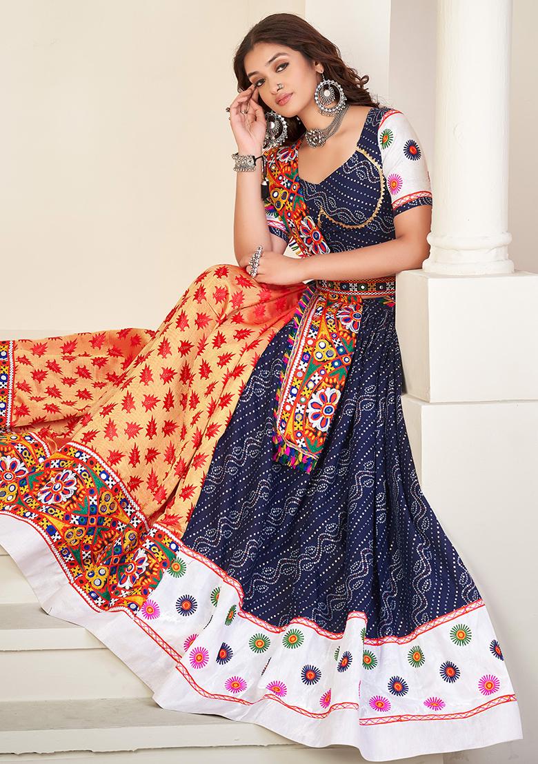 Blue Embroidererd Cotton Silk Lehenga Set With Dupatta