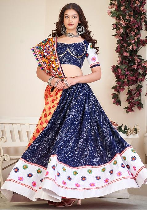 Blue Embroidererd Cotton Silk Lehenga Set With Dupatta
