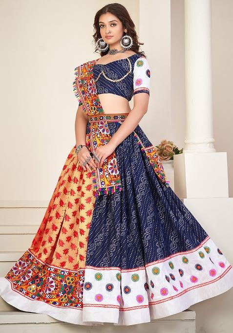 Blue Embroidererd Cotton Silk Lehenga Set With Dupatta