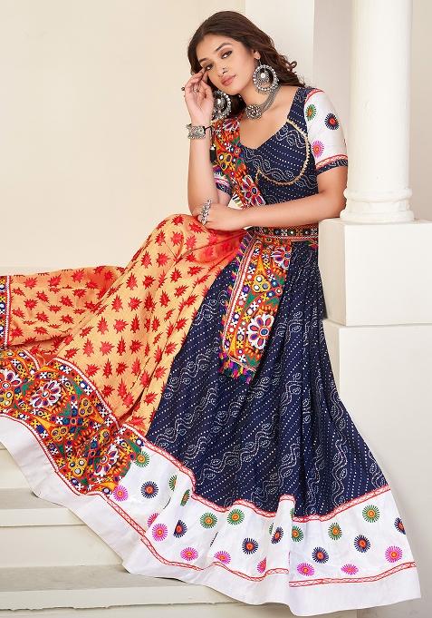 Blue Embroidererd Cotton Silk Lehenga Set With Dupatta