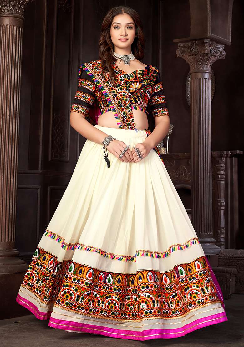 Off White Embroidererd Georgette Chaniya Choli Set For Navratri And Garba for Diwali and Festive Wear - Indya