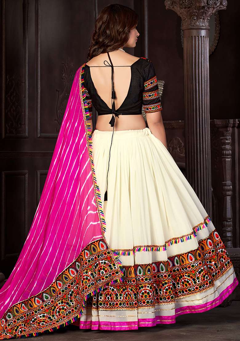 Off White Embroidererd Georgette Chaniya Choli Set For Navratri And Garba for Diwali and Festive Wear - Indya
