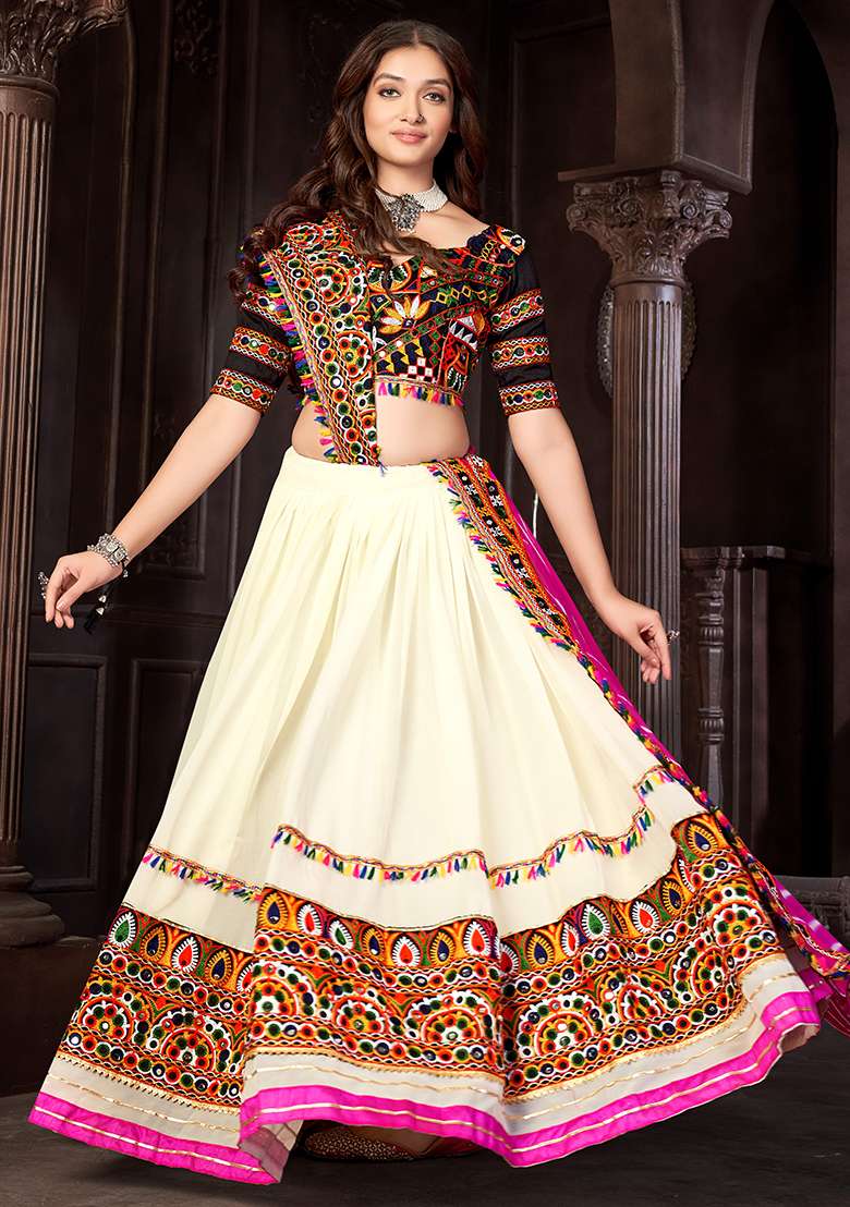 Off White Embroidererd Georgette Chaniya Choli Set For Navratri And Garba for Diwali and Festive Wear - Indya