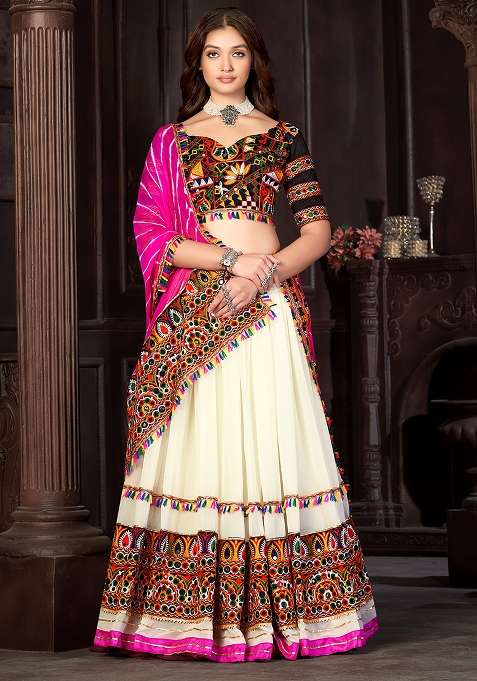 Off White Embroidererd Georgette Chaniya Choli Set For Navratri And Garba for Diwali and Festive Wear