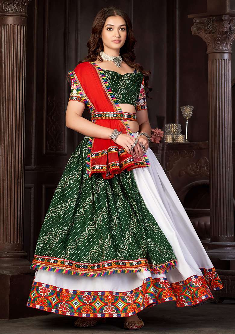 White Embroidererd Crepe Chaniya Choli Set For Navratri And Garba for Diwali | Wedding & Festive Wear - Indya